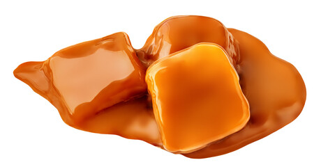 Caramel candies isolated on white. Caramel fudges flowing in  milky  caramel butterscotch sauce  Top view.  Flat lay