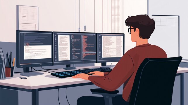 Developer working on multiple monitors coding a website design in a modern office environment.