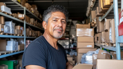 Middle aged Hispanic man in warehouse surrounded by shelves and boxes, logistics concept