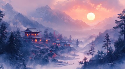 Fototapeta premium Mountaintop Temple at Sunset