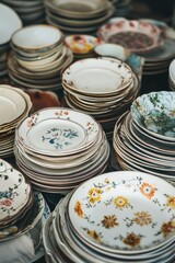 Ornate plates stacked, ceramics, vibrant patterns, vintage look, pottery collection, antique plates, dinnerware set, tableware, home decor, china cabinet