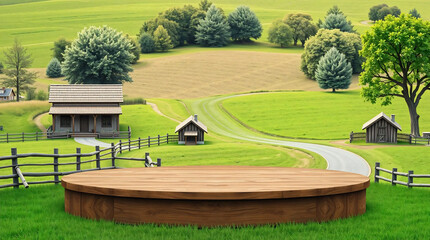 podium made of wooden rustic against a green farm background for product presentation. Mockup platform with a village house and a road.