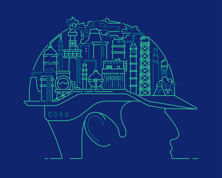 concept of industry 4.0 or industrial technology, graphic of engineer cap combined with factory
