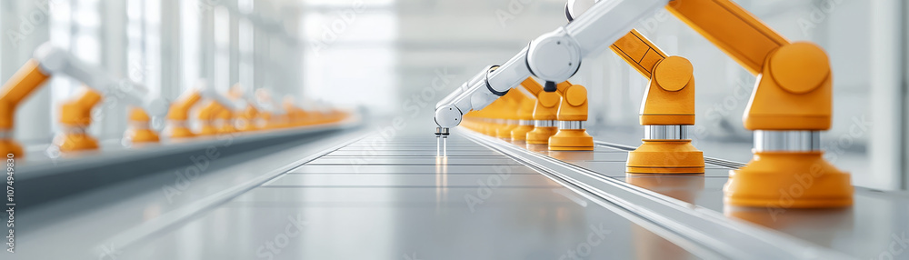 Poster automated assembly line featuring synchronized robotic arms, showcasing advanced technology in moder