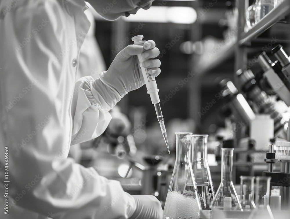Poster scientist working in laboratory, wearing protective gloves and analyzing samples using microscope an