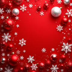 A poster or banner for christmas with christmas background with branches and balls on red background