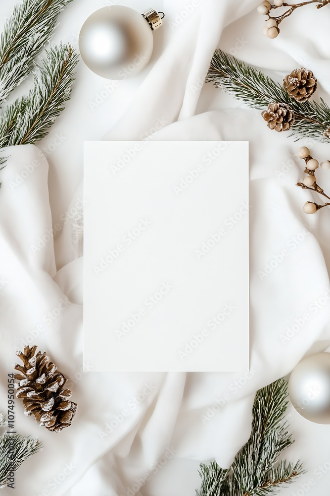 Poster christmas blank card template surrounded by snow and pine cones : generative ai