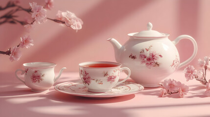 Fototapeta premium A beautiful tea set with floral designs against a soft pink background, perfect for a serene tea time.
