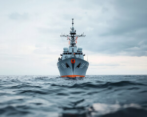 A modern naval warship is patrolling international waters, showcasing its advanced design and capabilities. ship stands out against dramatic sky, reflecting power and vigilance of maritime security
