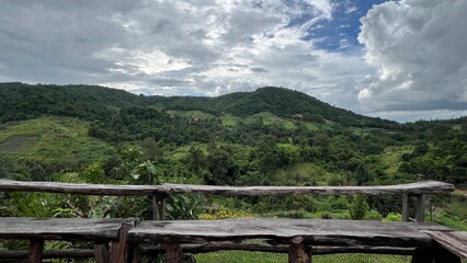 Wooden terrace with beautiful mountain view, Bang Kama, Ratchaburi, Thailand.