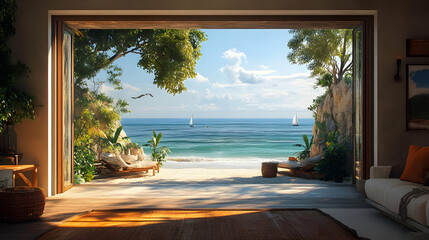 Fototapeta premium A breathtaking ocean view from an open living space, showcasing a serene beach and gentle waves under a clear sky.