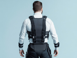 Exoskeleton technology is showcased in this image, featuring man wearing lithium powered exoskeleton designed for enhanced mobility and strength. sleek design emphasizes modern innovation and function