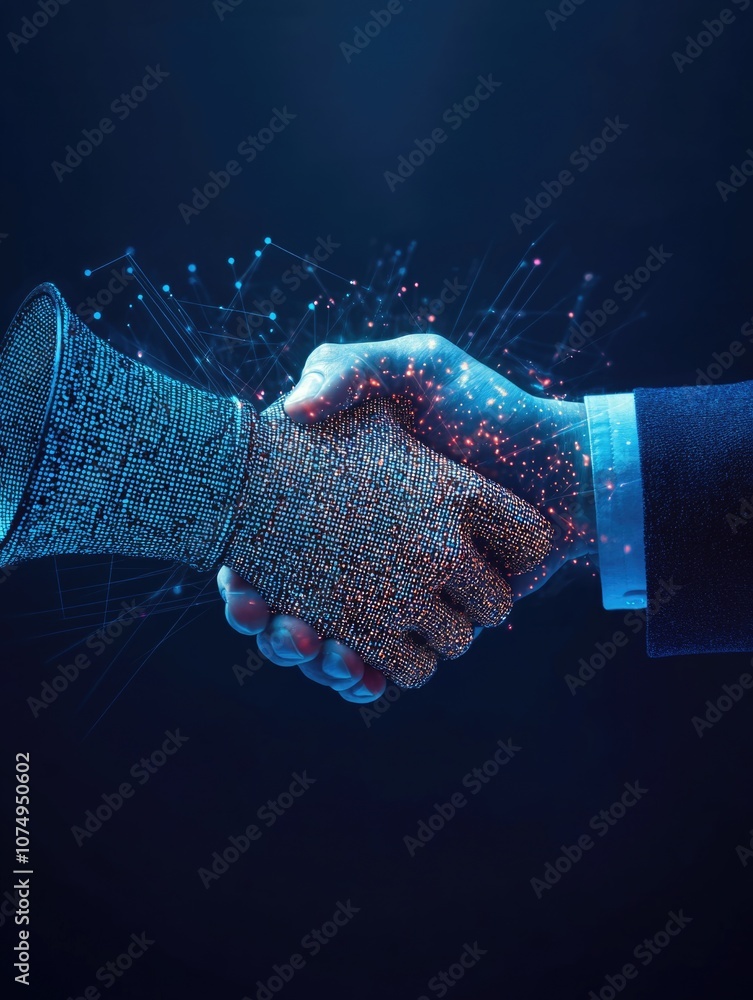 Poster two people shaking hands over a smart device and digital network connection