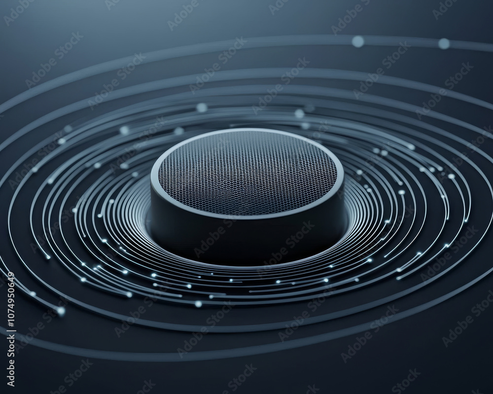 Poster close up of speaker vibrating intensely, surrounded by dynamic sound waves and circular patterns, cr