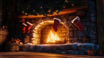 Obraz premium A cozy Christmas gathering featuring a fireplace adorned with stockings, as family members share stories and laughter over hot cocoa.