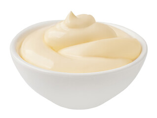 Organic Mayonnaise in a white bowl isolated. Homemade Mayo on white background. Fresh Mayonnaise, Sour cream or Yogurt closeup