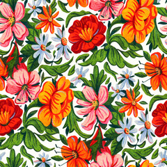 Seamless pattern with  flowers. Gouache drawing.  Hand-drawn illustration.
