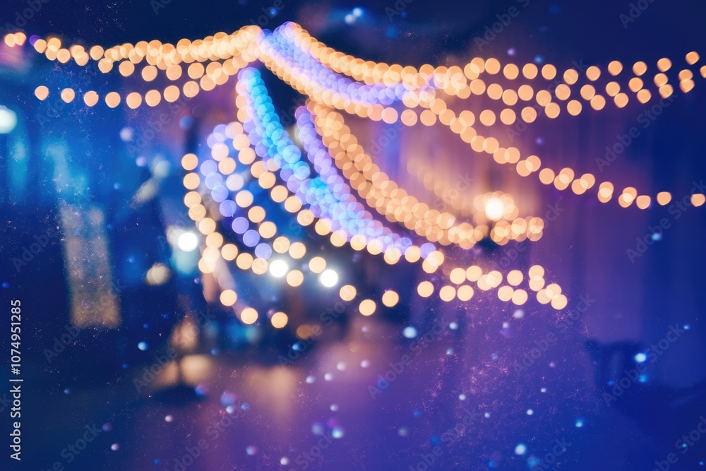 Poster blurred string lights create a festive atmosphere with warm and cool colors.