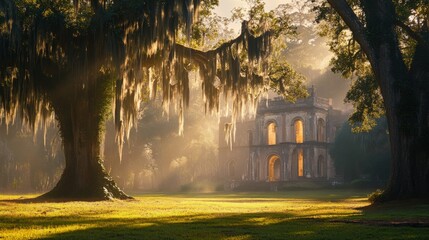 A tranquil morning at the historic ruins enveloped in soft morning light and draped in Spanish moss