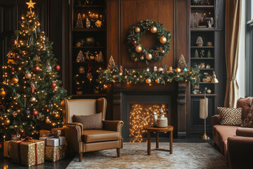 Christmas Style Interior Mockup, Gifts Trees Lights Background