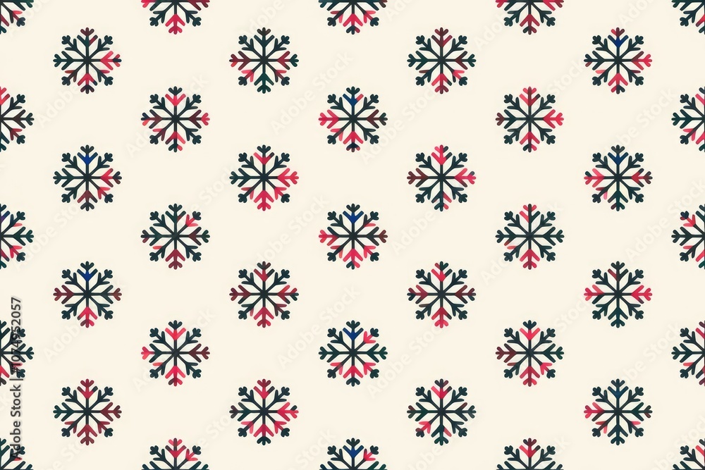 Poster repeating pattern of red and blue snowflakes on a white background.