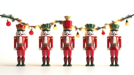 3D nutcracker soldiers and holiday garlands arranged symmetrically on a white background.