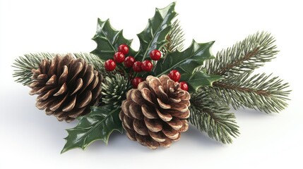 Fototapeta premium 3D pine cones and holly leaves on a clear white background with shadows adding depth.