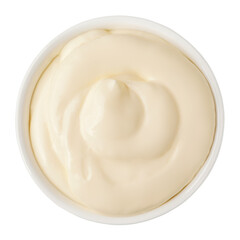 Organic Mayonnaise in a white bowl isolated. Homemade Mayo on white background. Fresh Mayonnaise, Sour cream or Yogurt top view. Flat lay