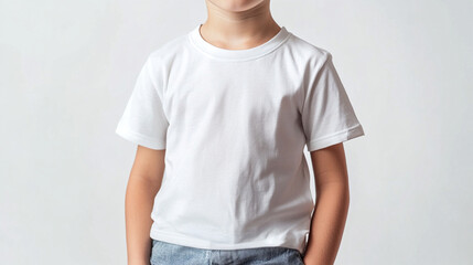 Obraz premium Boy in a white T-shirt on a white background. Mockup banner template for brand, print and advertising. Studio shooting of a cute little model with copyspace