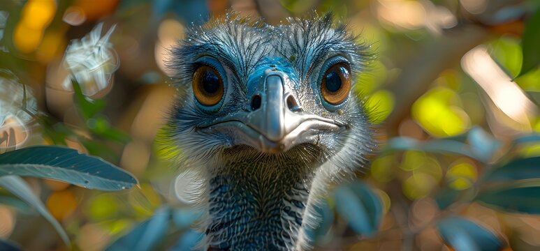 Close-up of an Amazon Rhea face, its eyes and feathers detailed with a blurred background providing