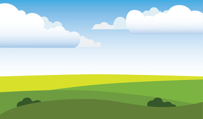 Obraz premium Nature scenery depicted in a vector illustration, showcasing verdant grasses under a azure sky.