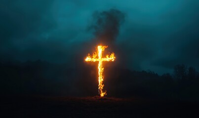 Obraz premium Burning cross symbolizing fire, darkness, and spirituality in eerie landscape