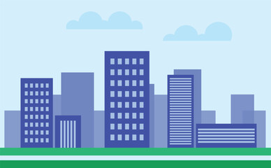 Cityscape with buildings and parkland. 2d Cartoon City Background with buildings. City illustration wallpaper.	