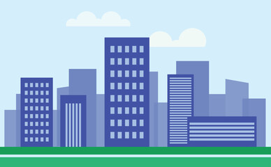 Obraz premium Cityscape with buildings and parkland. 2d Cartoon City Background with buildings. City illustration wallpaper. 