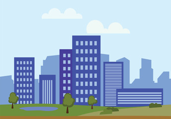 Cityscape with buildings and parkland. 2d Cartoon City Background with buildings. City illustration wallpaper.	