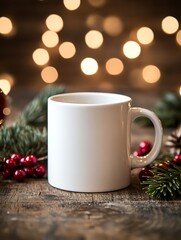 Blank white mug with festive holiday decor featuring evergreen branches and red berries : Generative AI
