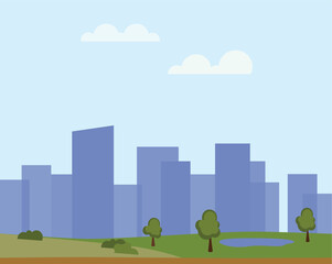 Cityscape with buildings and parkland. 2d Cartoon City Background with buildings. City illustration wallpaper.	