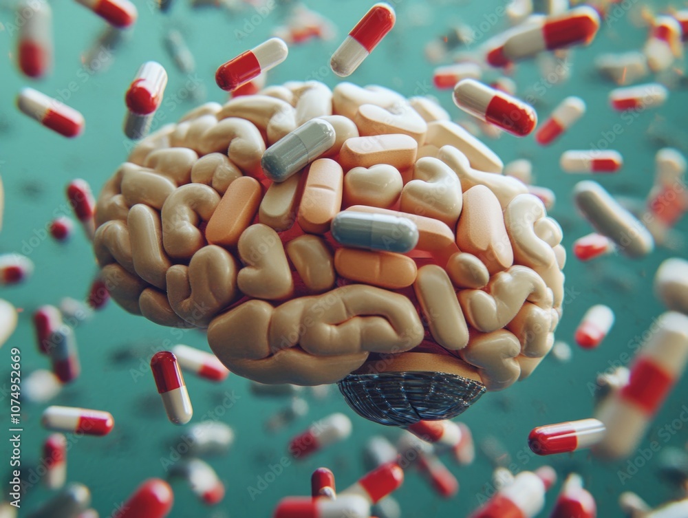 Poster conceptual image of a brain overloaded with pills, symbolizing the dangers and side effects of exces