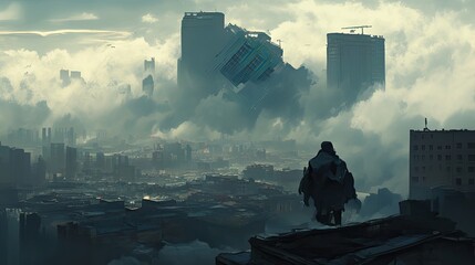 Fototapeta premium A lone figure contemplates a futuristic city shrouded in mist and looming skyscrapers.
