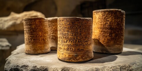 Three Sumerian clay tablets with cuneiform writing. Important historical records dating to the early civilizations in Mesopotamia.