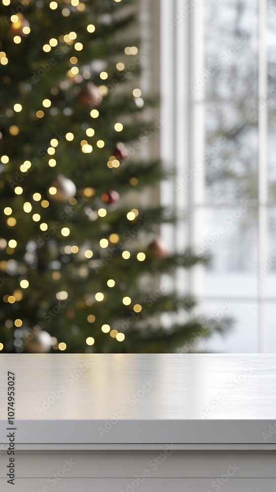 Poster Elegant Holiday Background with Illuminated Christmas Tree and Bokeh at Bright Window View : Generative AI