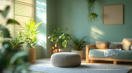 A cozy living room with a soft sofa, natural light, and vibrant plants, creating a serene and inviting atmosphere.