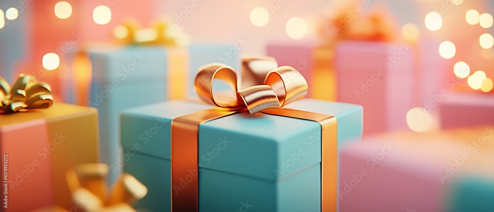 Poster colorful gift boxes with golden ribbons in a bokeh light background : generative ai