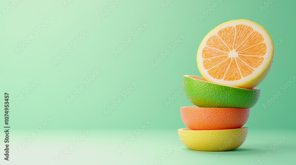 Poster stacked citrus fruit slices in on smooth gradient background highlighting freshness and vibrant colo