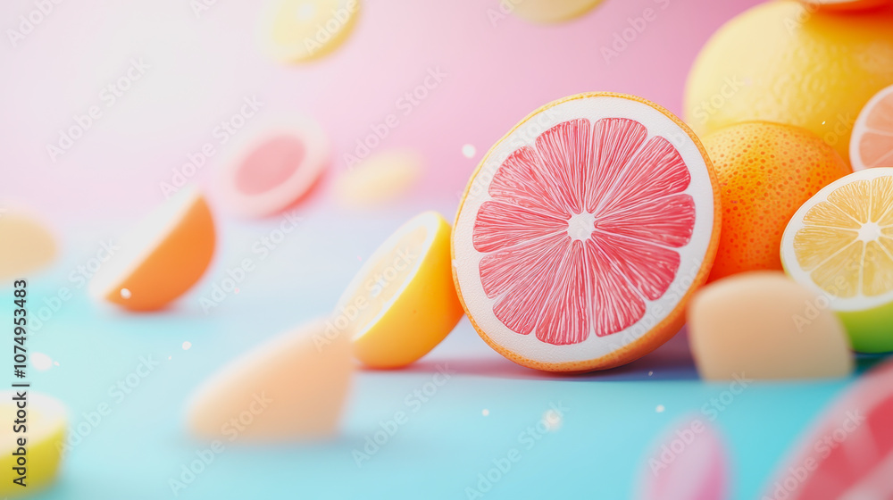 Poster vibrant 3d citrus fruit slices displayed on a smooth gradient background for fresh and juicy visual 