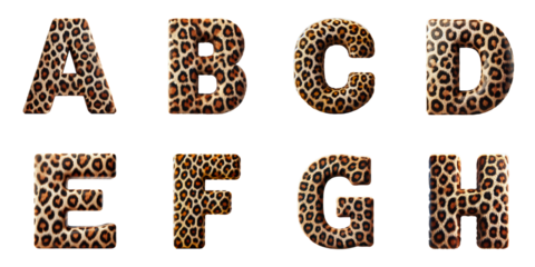 Leopard Print Alphabet Letters A, B, C, D, E, F, G, H : Bold letters A to H with realistic leopard print pattern
