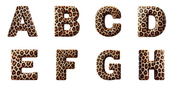 Leopard Print Alphabet Letters A, B, C, D, E, F, G, H : Bold letters A to H with realistic leopard print pattern