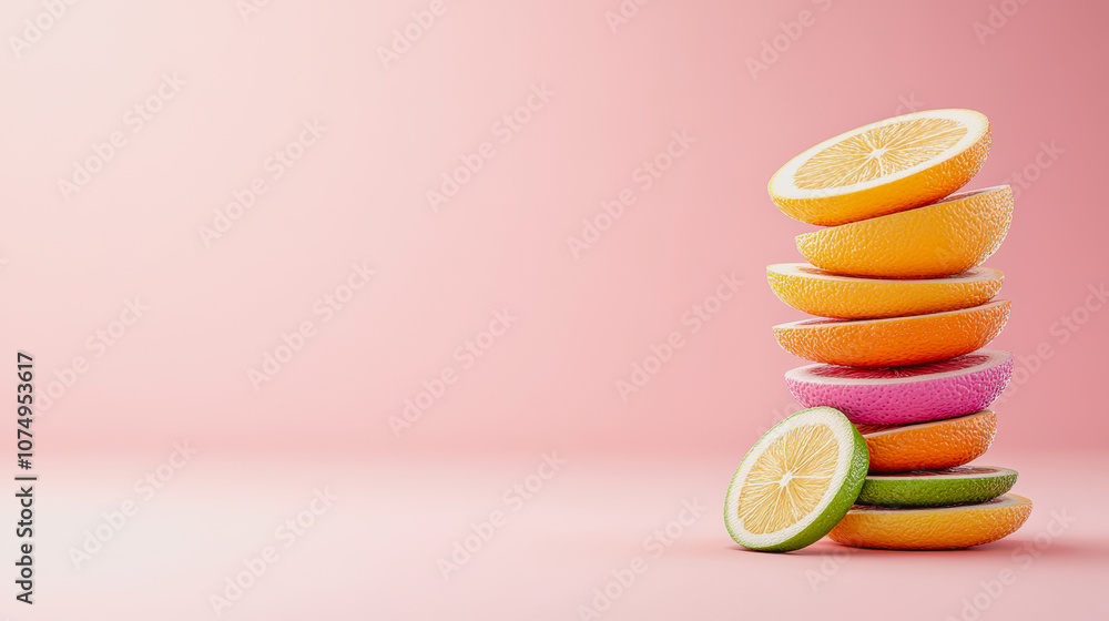 Poster vibrant citrus fruit slices stacked on a smooth gradient background for fresh and colorful visuals i