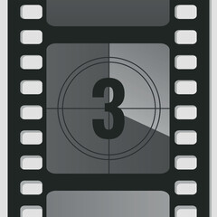 Countdown film strip frame with number three. Retro cinema movie timer counter. Vector illustration