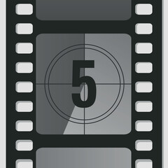 Countdown film strip frame with number five. Retro cinema movie timer counter. Vector illustration